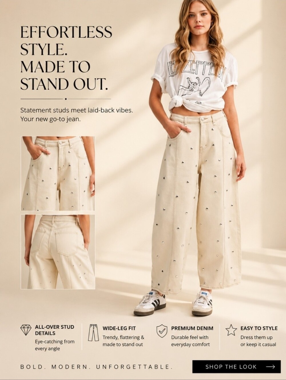 Cream Embellished Barrel Pants